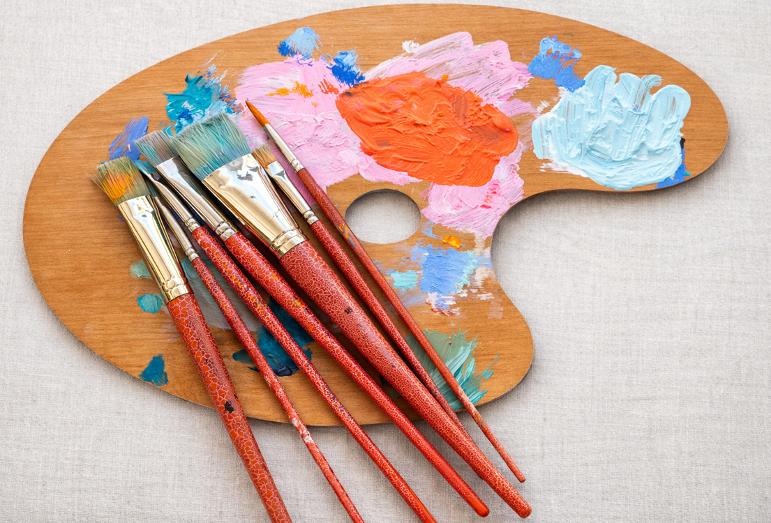 Flat Hog Bristle Paint Brush with Palette Colours